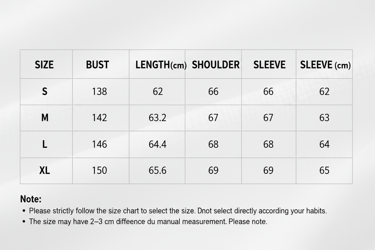 S — 138 / 62 / 66 / 62
M — 142 / 63.2 / 67 / 63
L — 146 / 64.4 / 68 / 64
XL — 150 / 65.6 / 69 / 65
Note:
Please strictly follow the size chart to select the size. Do not select directly according to your habits.
The size may have 2–3 cm difference due to manual measurement. Please note.