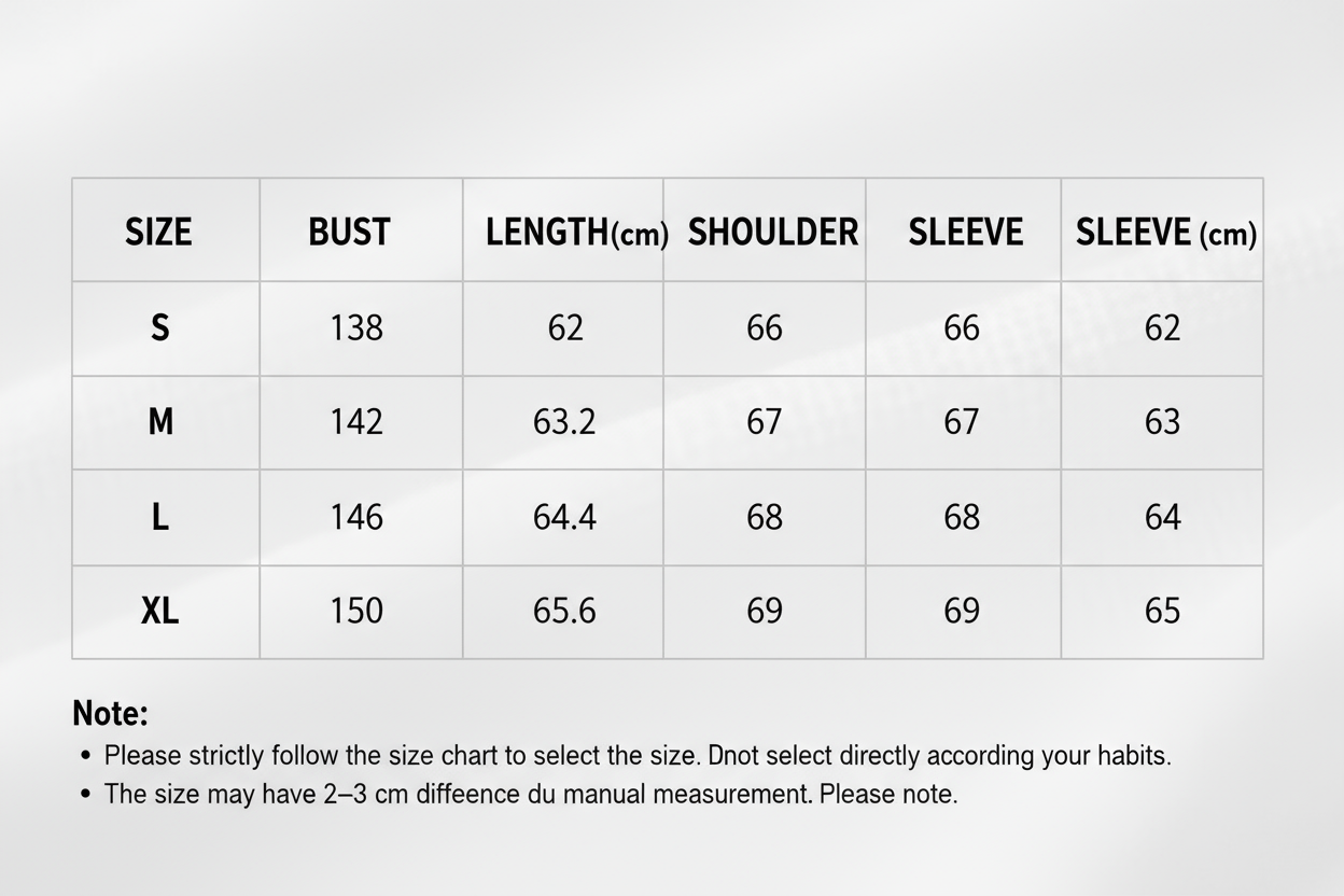 S — 138 / 62 / 66 / 62
M — 142 / 63.2 / 67 / 63
L — 146 / 64.4 / 68 / 64
XL — 150 / 65.6 / 69 / 65

Note:

Please strictly follow the size chart to select the size. Do not select directly according to your habits.

The size may have 2–3 cm difference due to manual measurement. Please note.