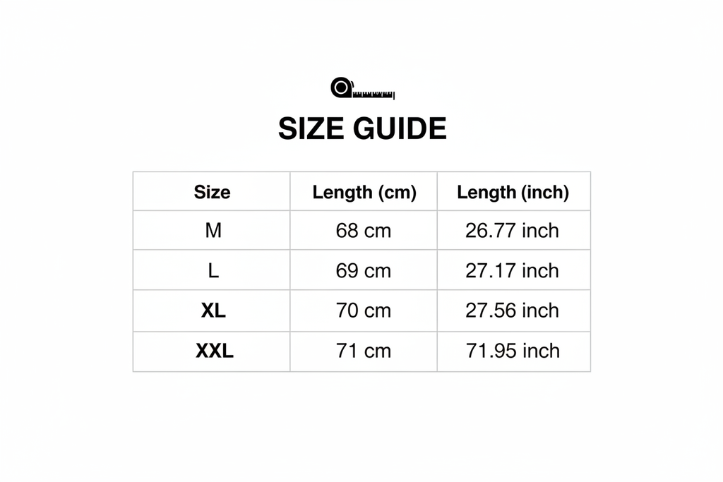 size_info: {"sizeInfoList":[{"length":{"cm":"68","inch":"26.77"},"size":"M","vid":361386},{"length":{"cm":"69","inch":"27.17"},"size":"L","vid":361385},{"length":{"cm":"70","inch":"27.56"},"size":"XL","vid":100014065},{"length":{"cm":"71","inch":"27.95"},"size":"XXL","vid":4182}]}