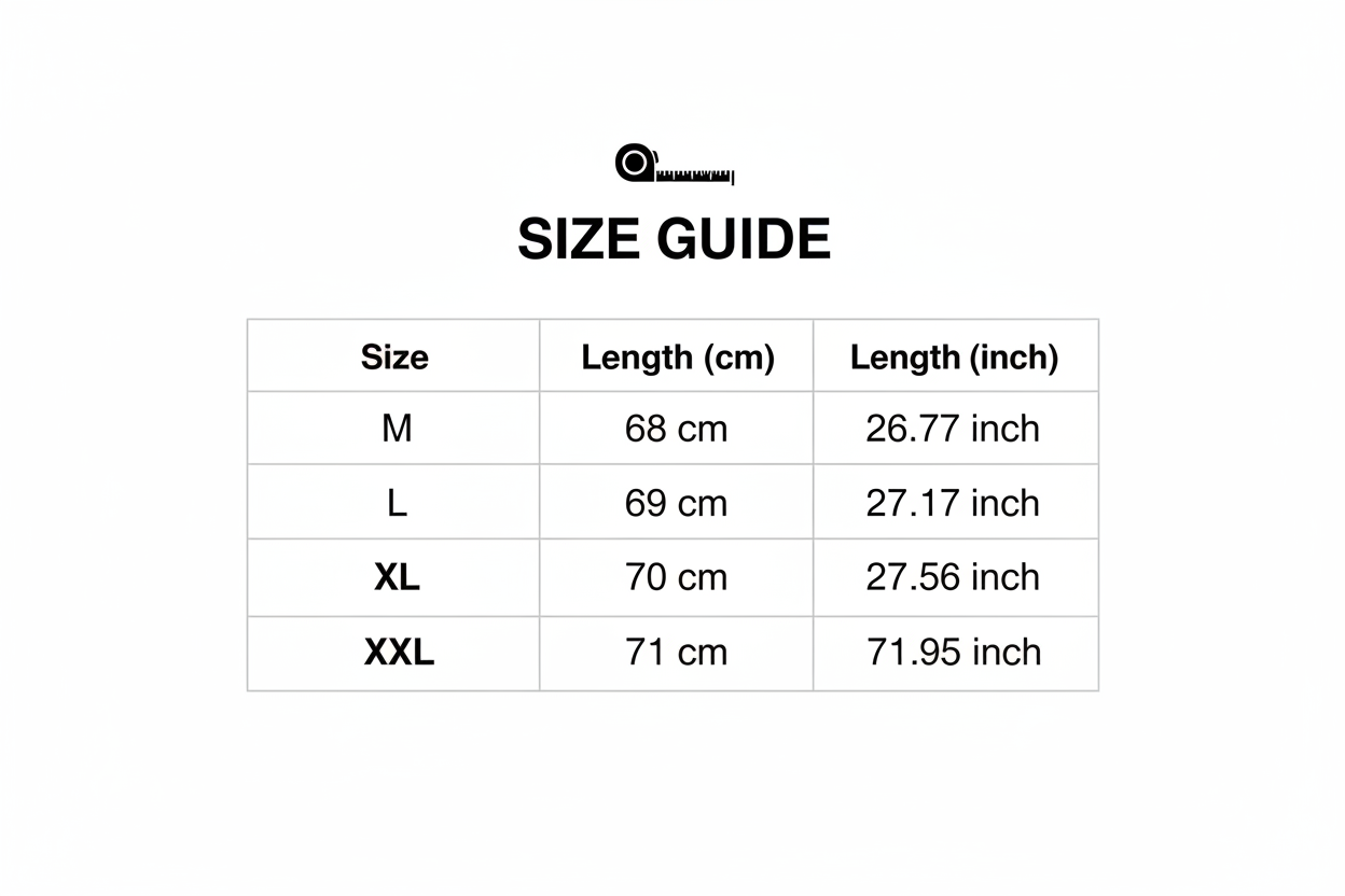 size_info: {"sizeInfoList":[{"length":{"cm":"68","inch":"26.77"},"size":"M","vid":361386},{"length":{"cm":"69","inch":"27.17"},"size":"L","vid":361385},{"length":{"cm":"70","inch":"27.56"},"size":"XL","vid":100014065},{"length":{"cm":"71","inch":"27.95"},"size":"XXL","vid":4182}]}