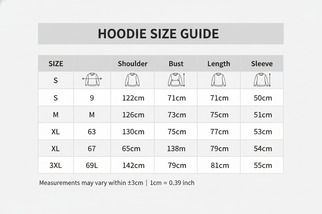 Size Table Hoodies

S: Shoulder:59cm Bust:122cm Length:71cm Sleeve:50cm

M: Shoulder:61cm Bust:126cm Length:73cm Sleeve:51cm

L: Shoulder:63cm Bust:130cm Length:75cm Sleeve:52cm

XL: Shoulder:65cm Bust:134cm Length:77cm Sleeve:53cm

2XL:Shoulder:67cm Bust:138cm Length:79cm Sleeve:54cm

3XL:Shoulder:69cm Bust:142cm Length:81cm Sleeve:55cm




Size mearsured by ourselves, sometimes has some errors, but always within 3cm." Please note 1 cm = 0.39 inch,1 inch = 2.54 cm. Please feel free to contact us when findi