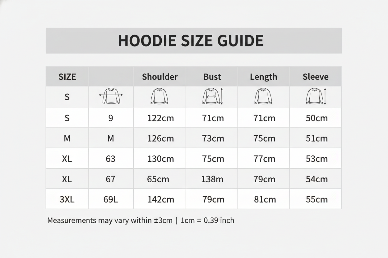 Size Table Hoodies

S: Shoulder:59cm Bust:122cm Length:71cm Sleeve:50cm

M: Shoulder:61cm Bust:126cm Length:73cm Sleeve:51cm

L: Shoulder:63cm Bust:130cm Length:75cm Sleeve:52cm

XL: Shoulder:65cm Bust:134cm Length:77cm Sleeve:53cm

2XL:Shoulder:67cm Bust:138cm Length:79cm Sleeve:54cm

3XL:Shoulder:69cm Bust:142cm Length:81cm Sleeve:55cm




Size mearsured by ourselves, sometimes has some errors, but always within 3cm." Please note 1 cm = 0.39 inch,1 inch = 2.54 cm. Please feel free to contact us when findi